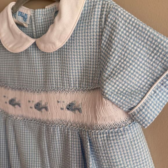 Luli & Me Smocked Fish Embroidered Romper Blue White Seersucker Baby Boy 24M - Picture 4 of 5